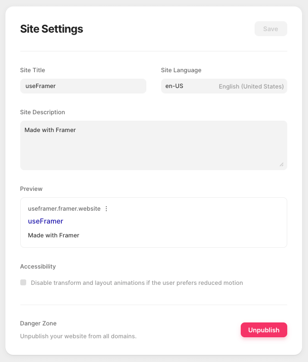 Framer - Edit Site Settings
